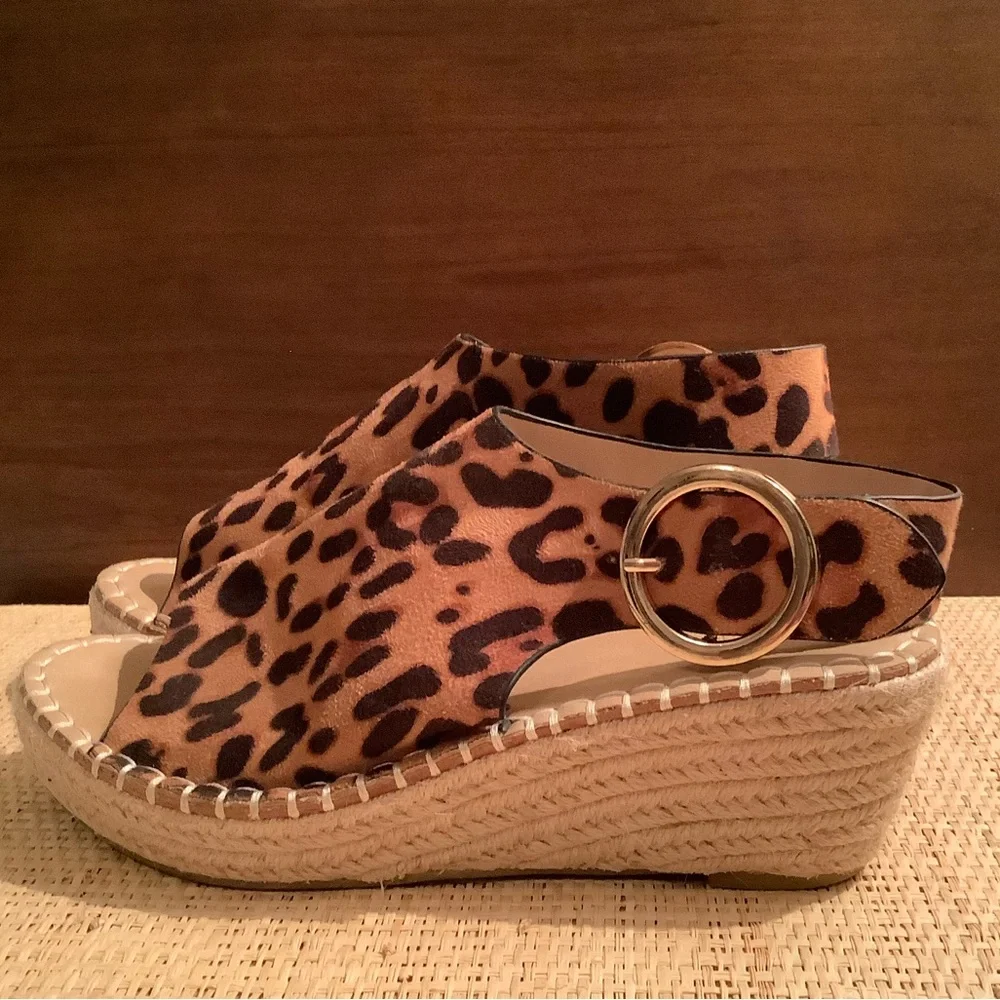 Catherine Malandrino Leopard Print Espadrille Wedge Sandals - Tan Brown